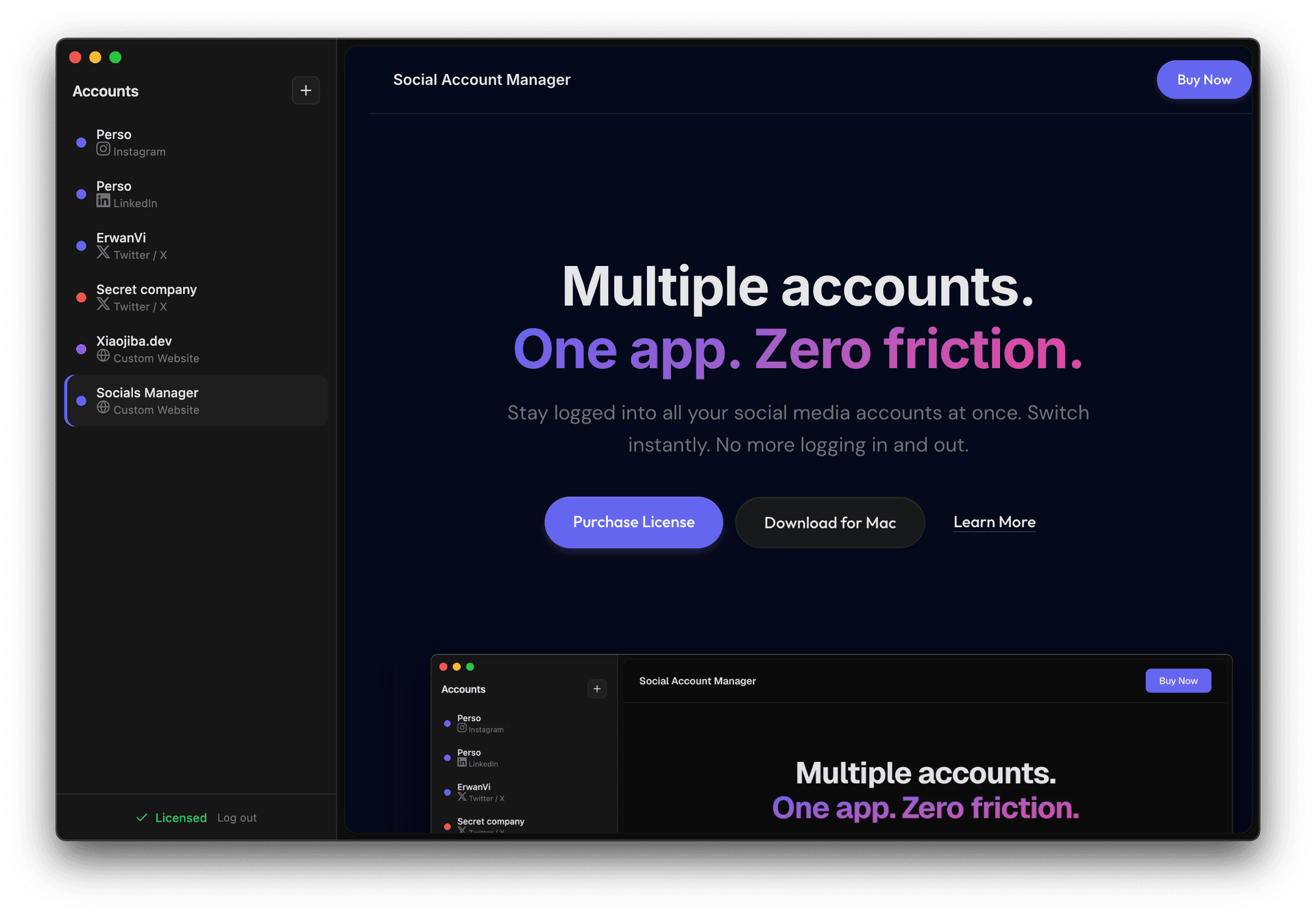Social Account Manager interface preview
